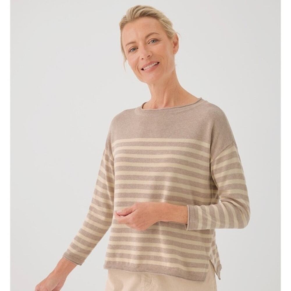 PACT Organic Cotton Striped Sweater Pullover Lightweight Beige Size Large